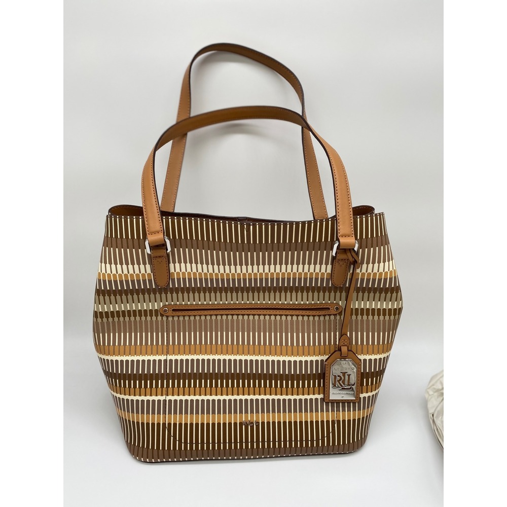 Lauren Ralph Lauren Brown Tan Geometric Stripe Leather Trim‎ Tote Bag Handbag
